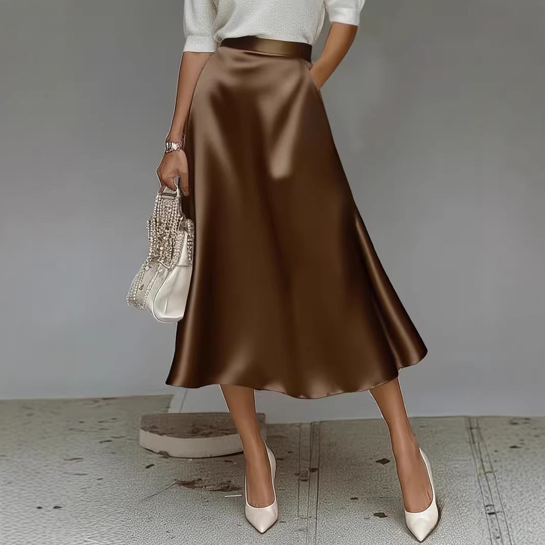 High-Waist A-Line Satin Midi Skirt | Sophia