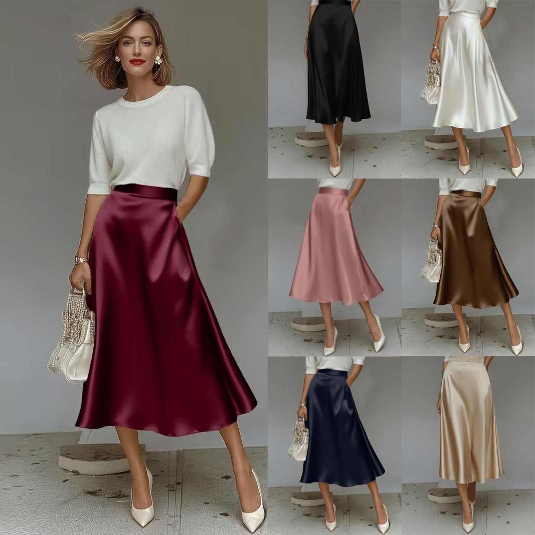 High-Waist A-Line Satin Midi Skirt | Sophia