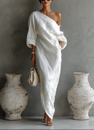 Asymmetrical One-Shoulder Linen Maxi Dress | Marlowe