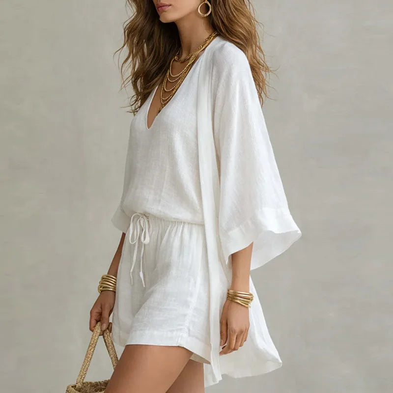 Linen Cardigan, Vest & Shorts Three-Piece Set | Rosalind
