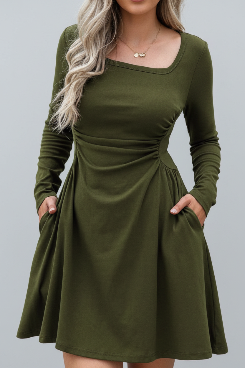Square Neck Pinch-Pleat Midi Dress | Elena