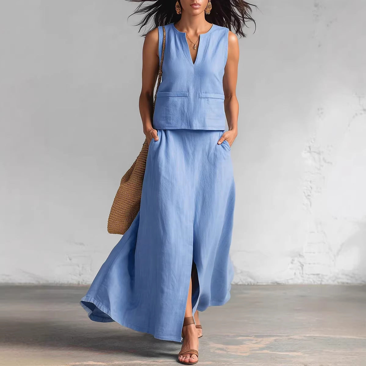 Minimalist Solid-Color V-Neck Blouse & Skirt Set | Kaia