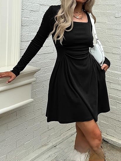 Square Neck Pinch-Pleat Midi Dress | Elena