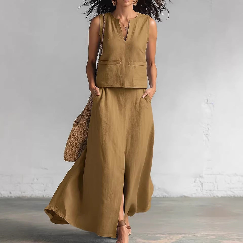 Minimalist Solid-Color V-Neck Blouse & Skirt Set | Kaia