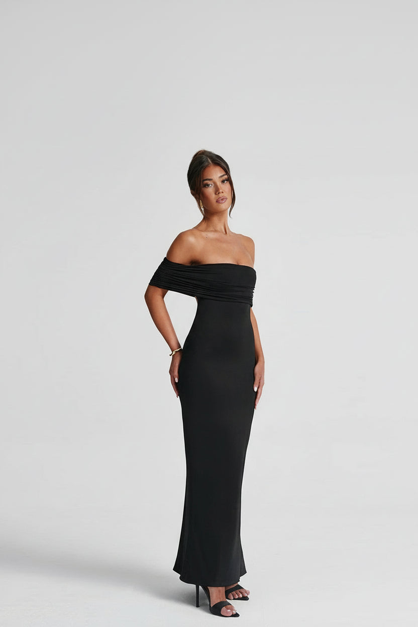 Backless Off Shoulder Bodycon Maxi Dress – Women's Ruched Sleeveless Sexy Long Formal Evening Dress | Valentina