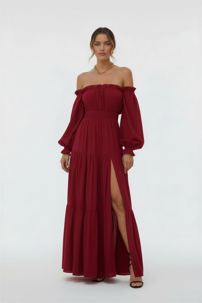 Long Sleeve Maxi Dress Off Shoulder – Women's A Line Tiered Ruffle Boho Slit Formal Party Dress | Vivienne